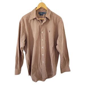 Ralph Lauren Blue Label Brown Gingham "Blake" Cotton Long Sleeve Dress Shirt